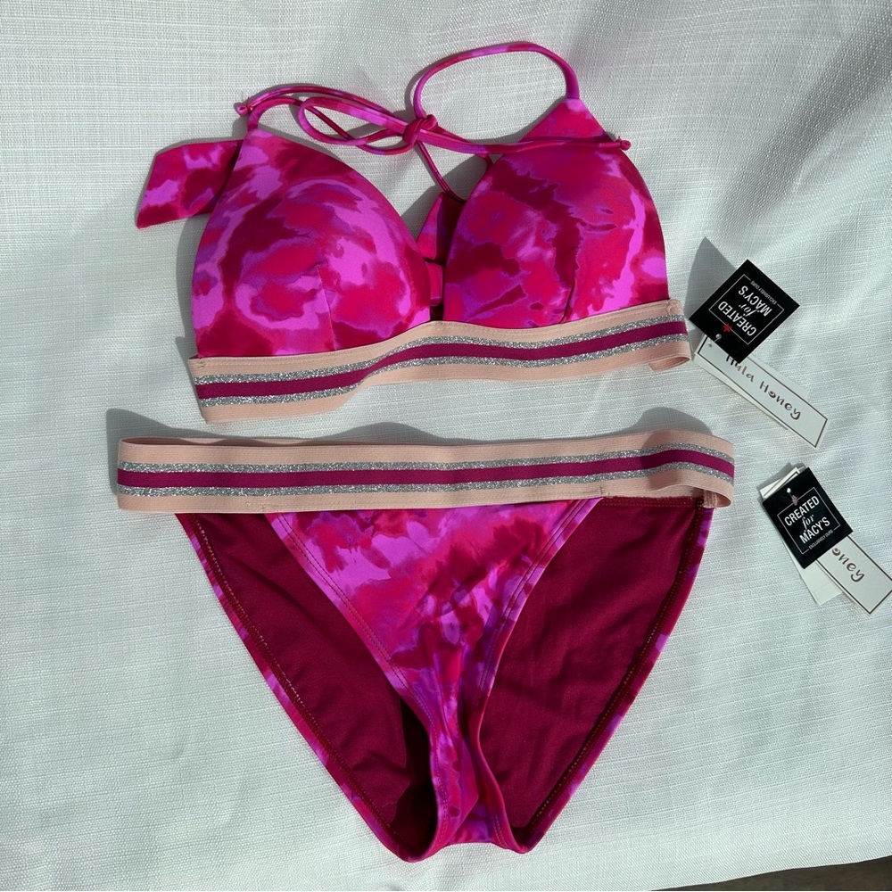 NWT HULA HONEY PINK AND GLITTER PUSH-UP BIKINI SIZE M